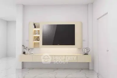 Modern minimalist living room with sleek TV unit and marble flooring