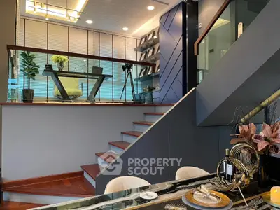 Modern split-level home interior with stylish decor and elegant dining area