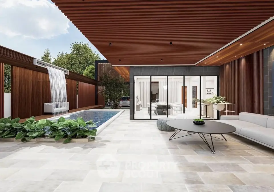 Luxurious modern patio with pool and waterfall feature, perfect for outdoor relaxation and entertainment.