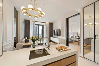 Luxurious open-plan living room with modern kitchen and elegant decor