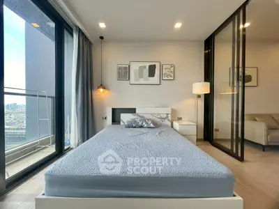 Modern bedroom with city view and stylish decor