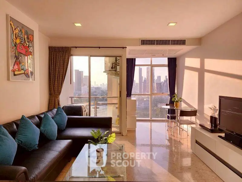 Spacious living room with city view and modern decor