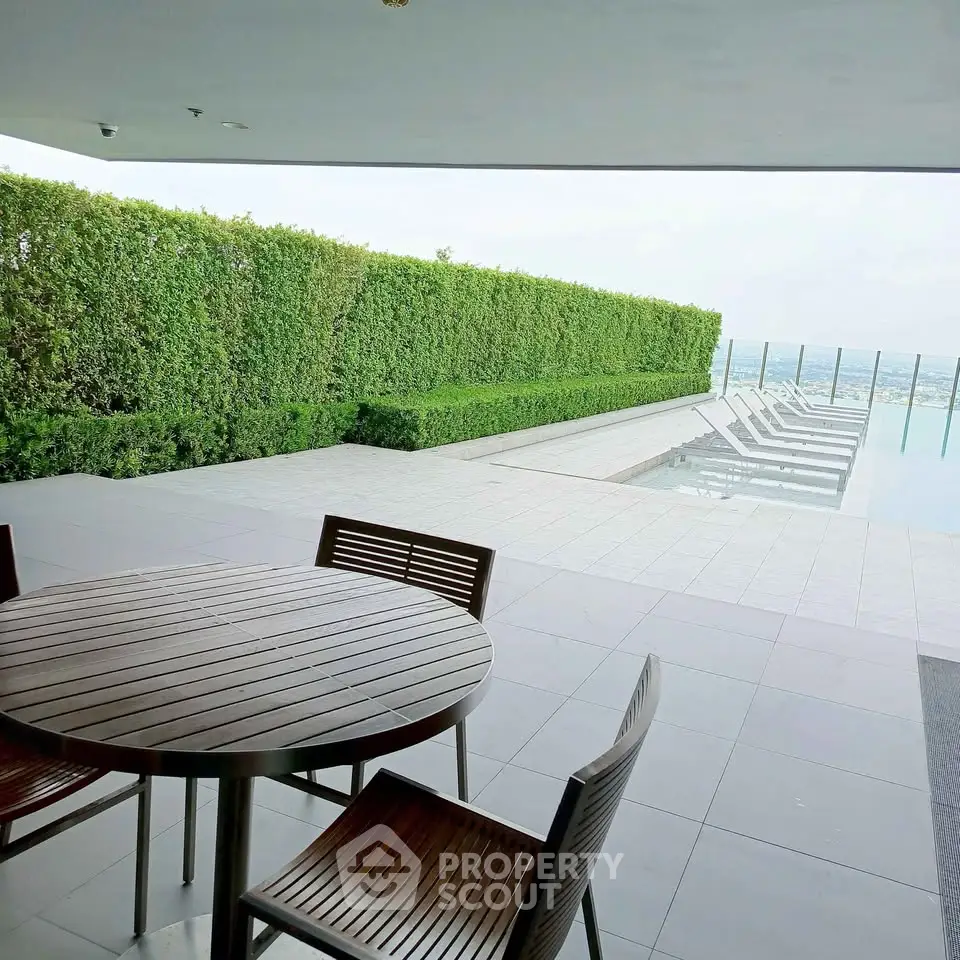 Luxurious rooftop pool area with stunning city view and modern seating.