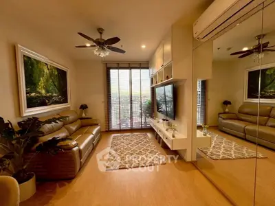 Luxurious living room with elegant decor, large mirror, and scenic view from balcony.