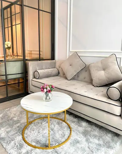 Elegant living room with plush sofa and chic round coffee table on a soft rug.