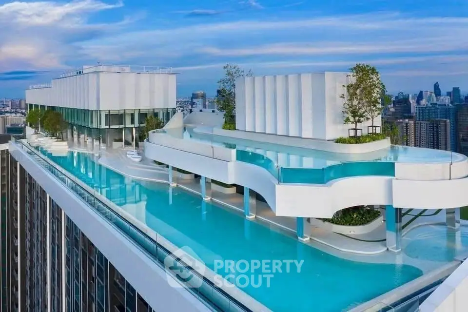 Luxurious rooftop infinity pool with stunning city skyline views in modern high-rise building.