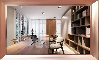 Modern study room with wooden table, chairs, and built-in bookshelves