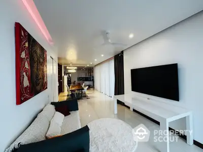 Modern living room with sleek decor and wall-mounted TV