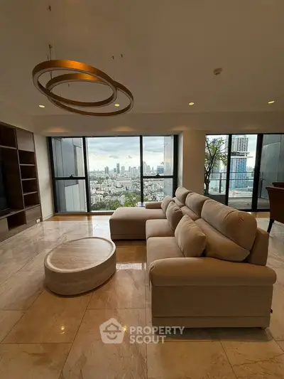 Luxurious living room with stunning city view, modern furniture, and elegant lighting in high-rise apartment.