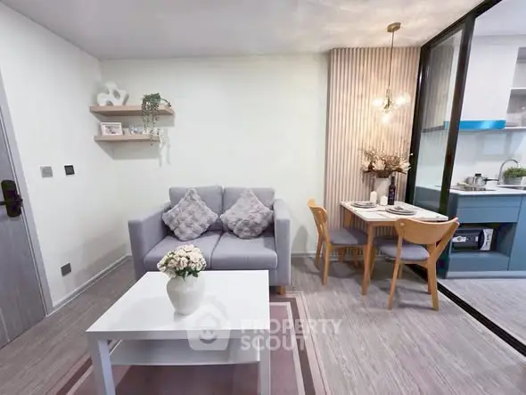 Chic modern living room with cozy dining area and stylish decor
