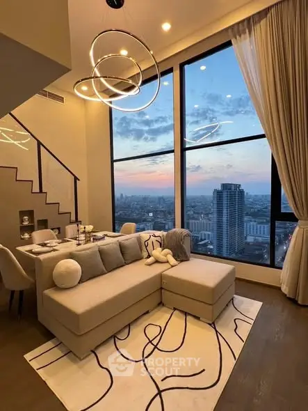 Luxurious living room with stunning city view and modern decor