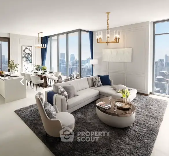 Luxurious modern living room with city view, elegant decor, and spacious layout.