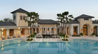 Luxurious mansion with stunning pool and palm trees, showcasing elegant architecture and serene outdoor ambiance.