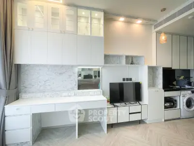 Modern living room with sleek built-in storage and marble accents