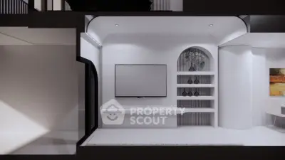 Modern minimalist living room with sleek white design and built-in TV unit