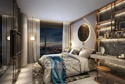 Luxurious modern bedroom with city view and elegant decor