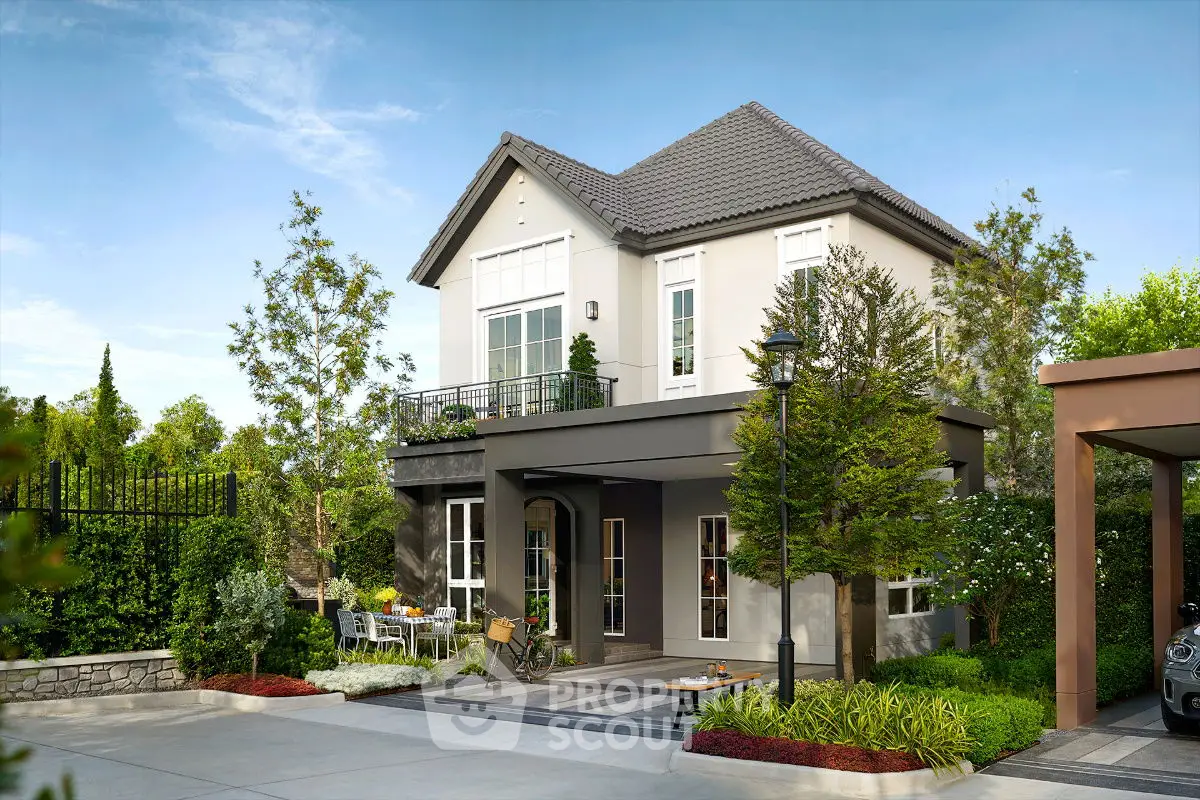 Charming two-story house with lush garden and modern architecture in serene neighborhood.