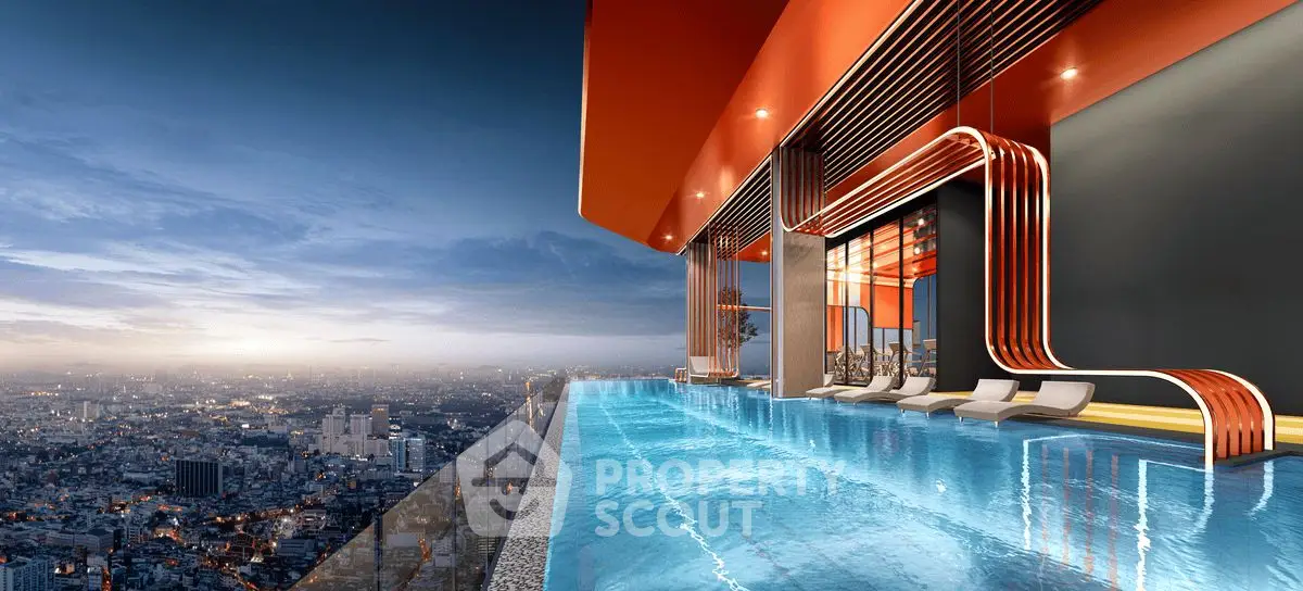 Luxurious rooftop infinity pool with stunning city skyline view at sunset.