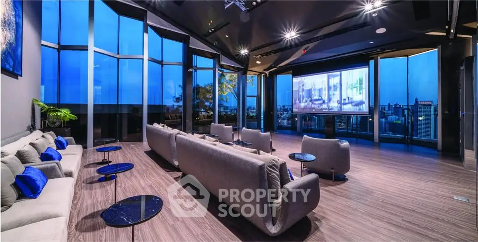 Luxurious modern living room with panoramic city views and sleek design.