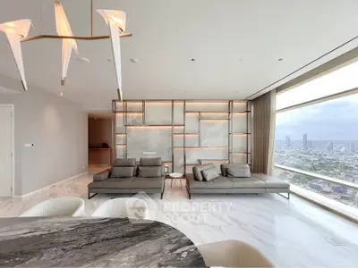 Luxurious modern living room with panoramic city view and elegant decor
