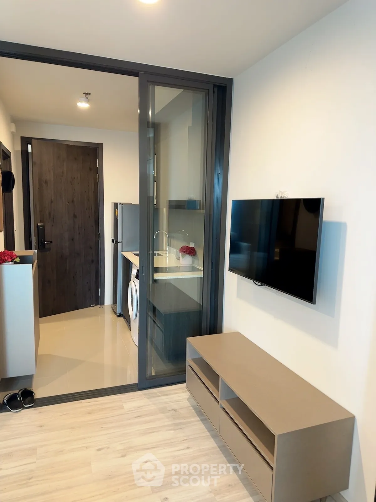 Modern apartment interior with sleek TV setup and compact laundry area