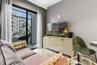 Modern living room with balcony view in luxury apartment