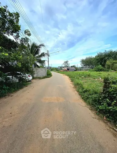 Scenic rural road with lush greenery and clear blue sky, ideal for peaceful living.