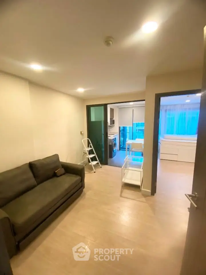 Modern living room with cozy sofa and open kitchen layout in bright apartment