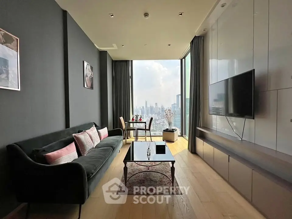Modern living room with stunning city view, sleek furniture, and floor-to-ceiling windows.