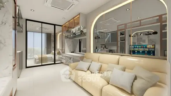 Luxurious modern living room with elegant decor and spacious layout