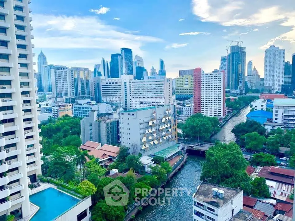 Stunning cityscape view with modern high-rise buildings and serene river, perfect for urban living.