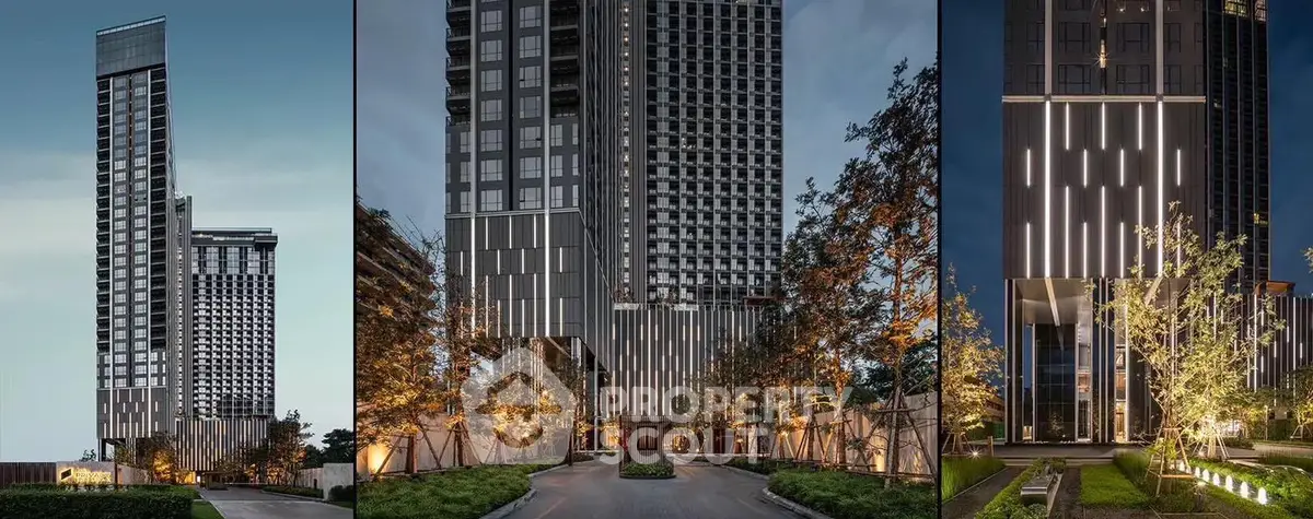 Stunning modern high-rise building with elegant facade and lush landscaping at dusk.