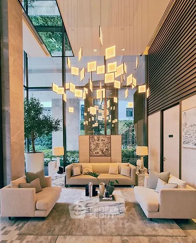 Luxurious modern living room with high ceilings and elegant lighting