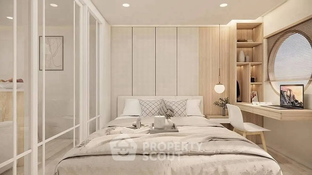Modern bedroom with stylish decor, built-in shelves, and cozy lighting, perfect for relaxation and productivity.