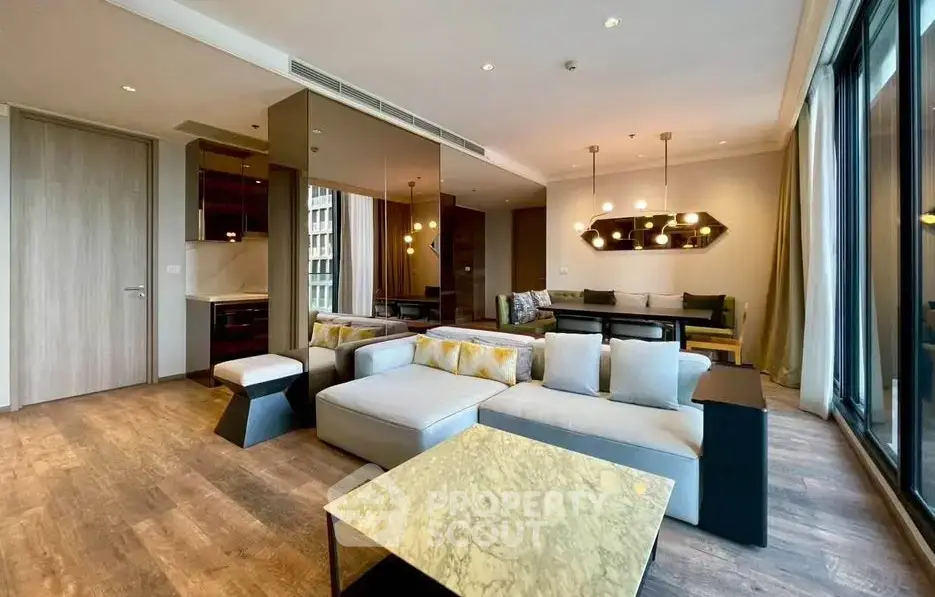 Luxurious modern living room with elegant decor and spacious seating area
