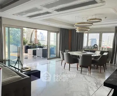 Luxurious living room with marble floors, elegant dining area, and city view balcony in modern apartment.