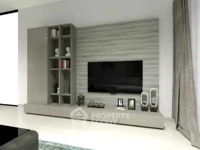 Modern living room with sleek entertainment unit and stylish decor
