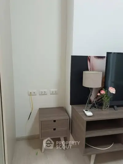 Modern living room corner with TV, lamp, and stylish furniture