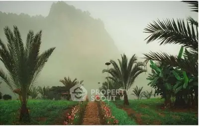 Lush garden landscape with palm trees and misty mountain backdrop