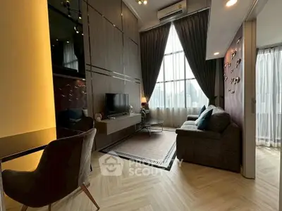 Modern living room with large window and stylish decor in urban apartment