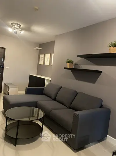 Modern living room with sleek gray sofa and stylish decor