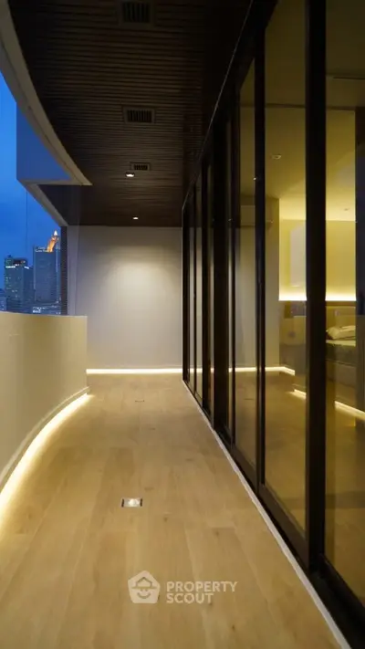 Luxurious modern balcony with city view and elegant lighting
