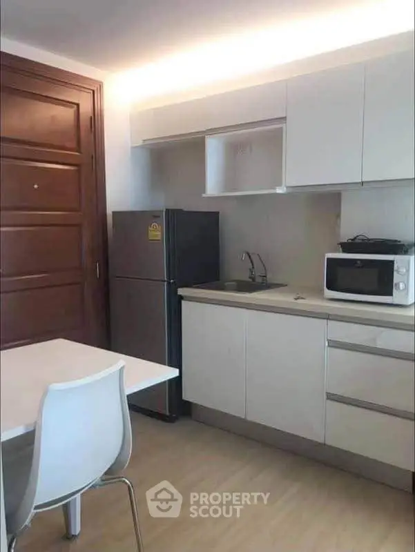 Modern compact kitchen with sleek cabinetry and appliances in a cozy apartment setting.
