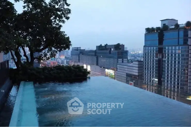 Stunning rooftop infinity pool with city skyline view at dusk.
