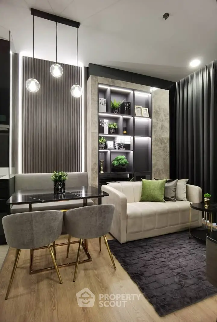 Modern living room with stylish decor, cozy seating, and elegant lighting for a sophisticated ambiance.