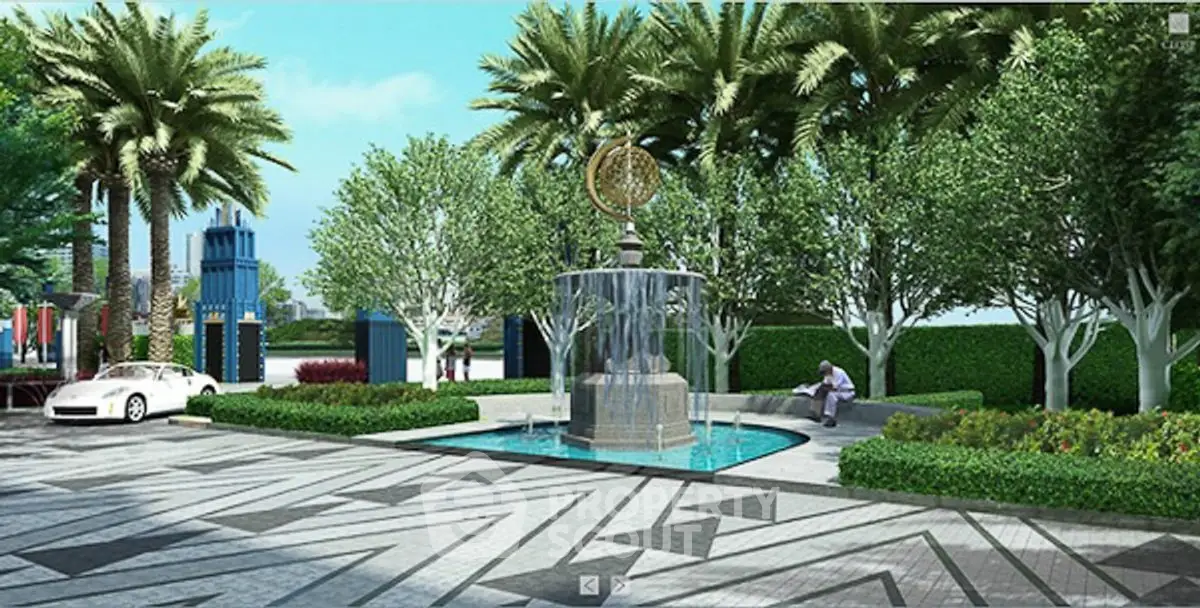 Luxurious garden with elegant fountain and lush greenery in upscale property