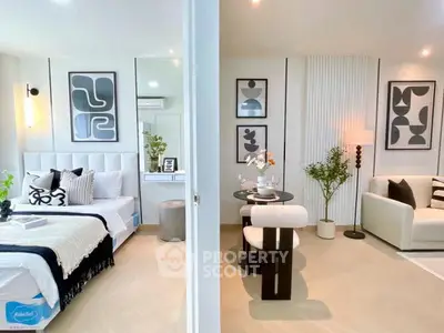 Modern open-concept living and bedroom area with stylish decor and cozy ambiance.