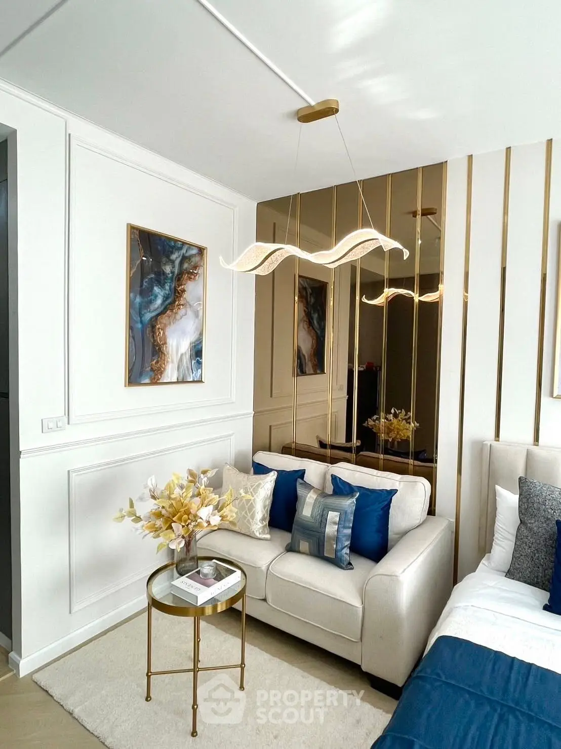 Luxurious modern living room with elegant decor and stylish lighting