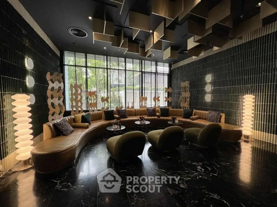 Luxurious modern living room with unique ceiling design and elegant seating
