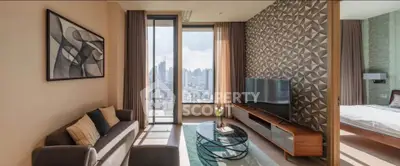 Modern living room with city view, stylish decor, and adjacent bedroom in luxury apartment.